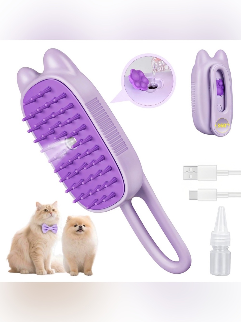 Rechargeable Cat Steam Brush With Mist Spray - Purple